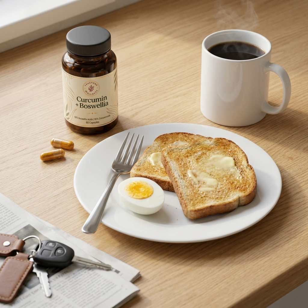 A breakfast plate with buttered toast and a halved hard-boiled egg, a fork, a steaming mug of coffee, two capsules, and the Truetone Curcumin + Boswellia bottle on a light wood counter. Car keys and a newspaper in the foreground.