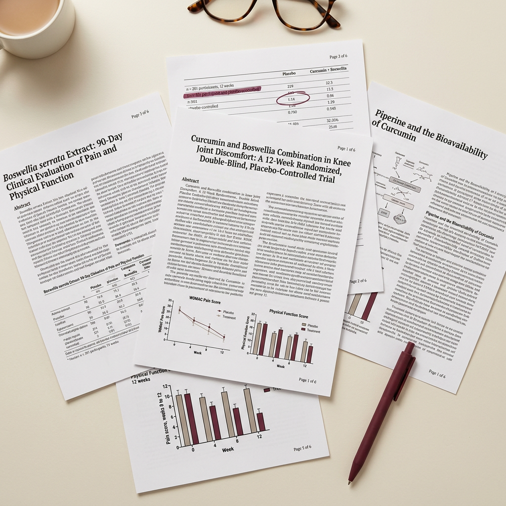 Scattered printed clinical study pages on a desk, showing charts and titles for curcumin and boswellia trials.