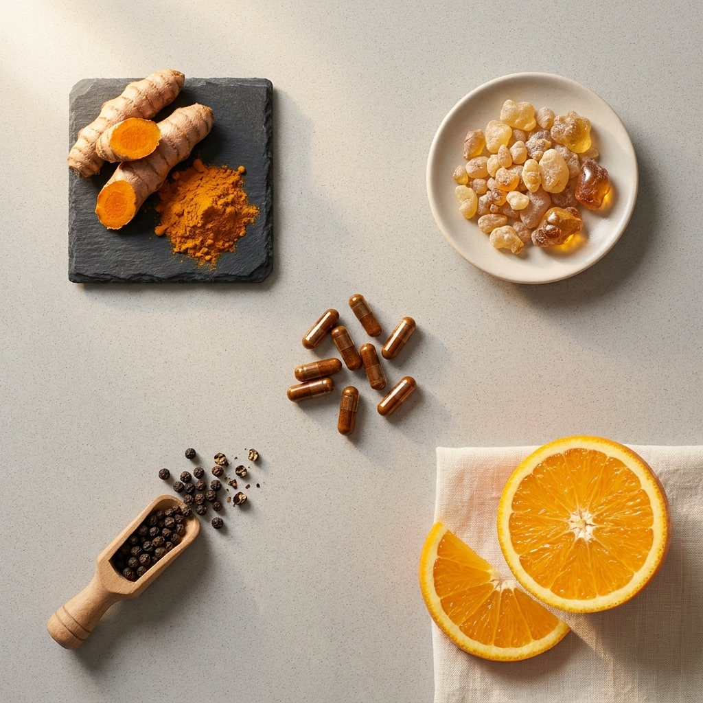 Flat-lay of raw turmeric root and powder, boswellia resin, brown capsules, black peppercorns, and fresh orange slices on a light stone surface.