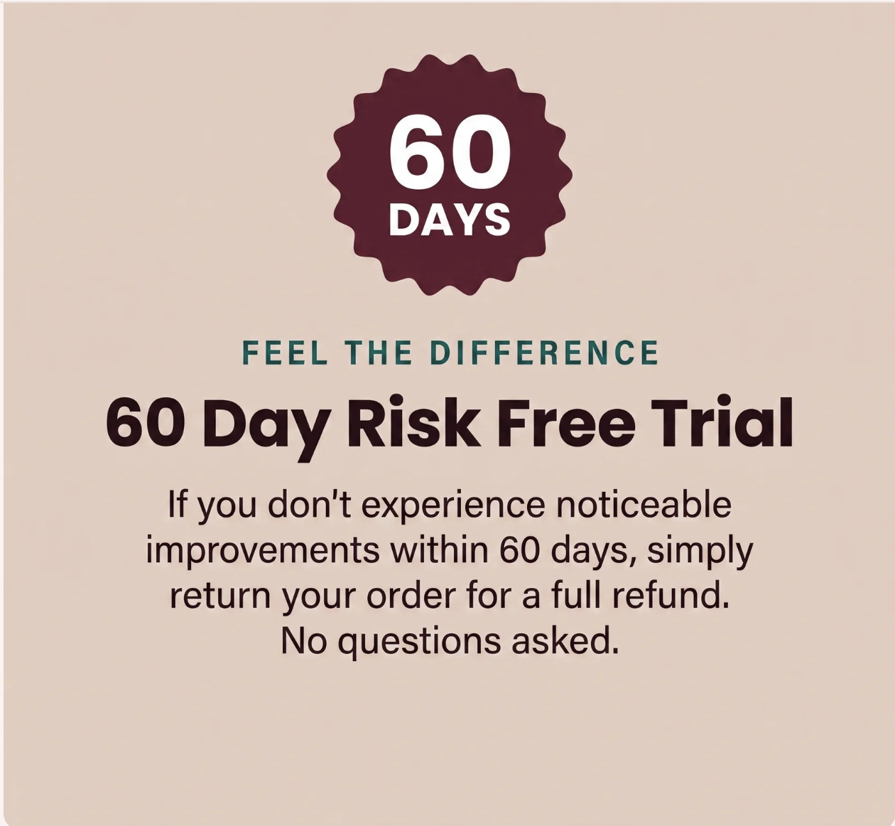 Burgundy 60-day guarantee badge on a warm beige background with the text “60 Day Risk Free Trial” and a full-refund promise.
