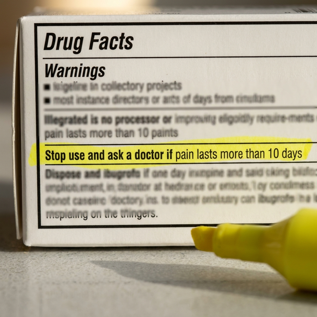 An OTC ibuprofen box on a kitchen counter, the “stop use and ask a doctor if pain lasts more than 10 days” line highlighted.