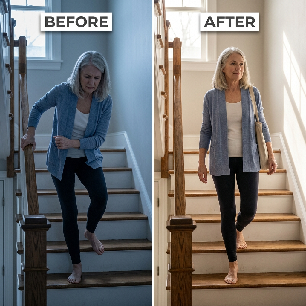 BEFORE / AFTER split with white labels across the top. Left: one hand on the stair rail at 6am. Right: same person walking down the same stairs, bag over the shoulder, no rail.