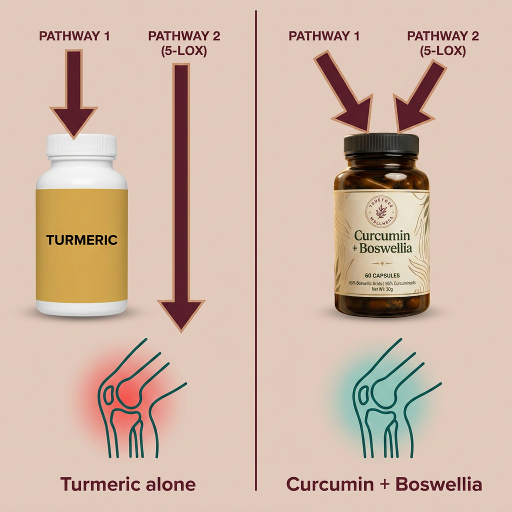 Diagram. Two arrows labeled “Pathway 1” and “Pathway 2 (5-LOX)” feeding a sore knee. A plain turmeric bottle blocking only arrow 1. Curcumin + Boswellia blocking both.